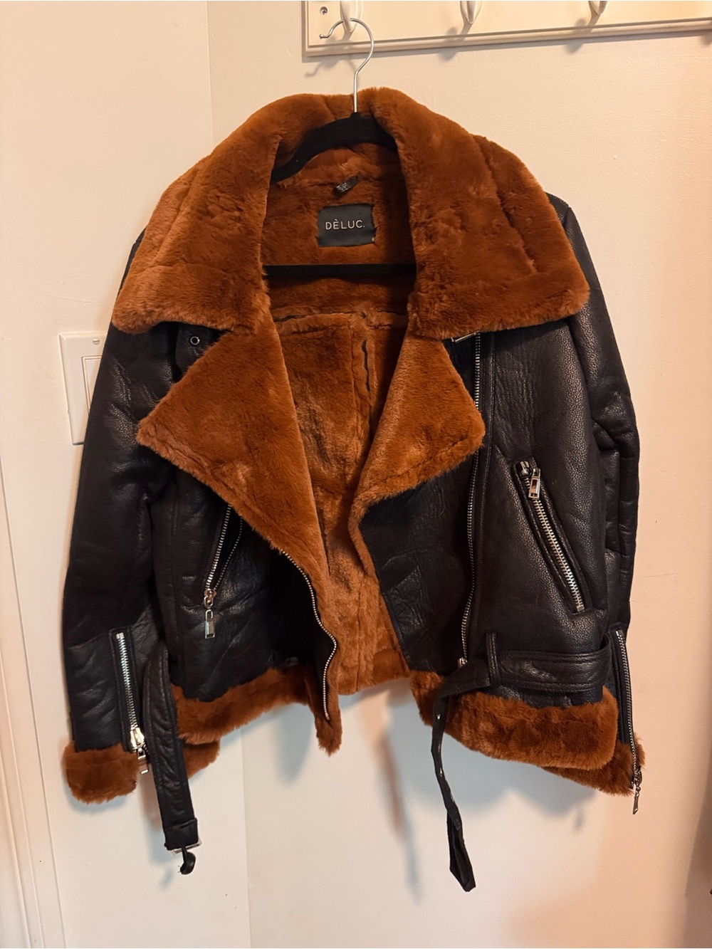 Deluc Black Leather Jacket with Brown Faux Fur